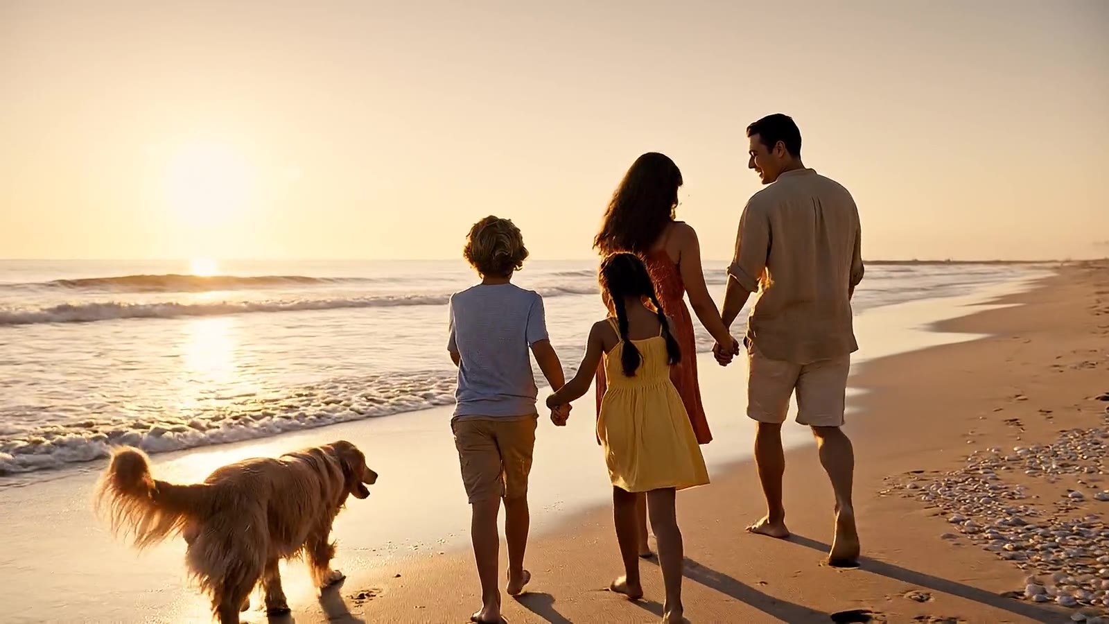 A family walking together with their dog along a sunlit beach at golden hour.